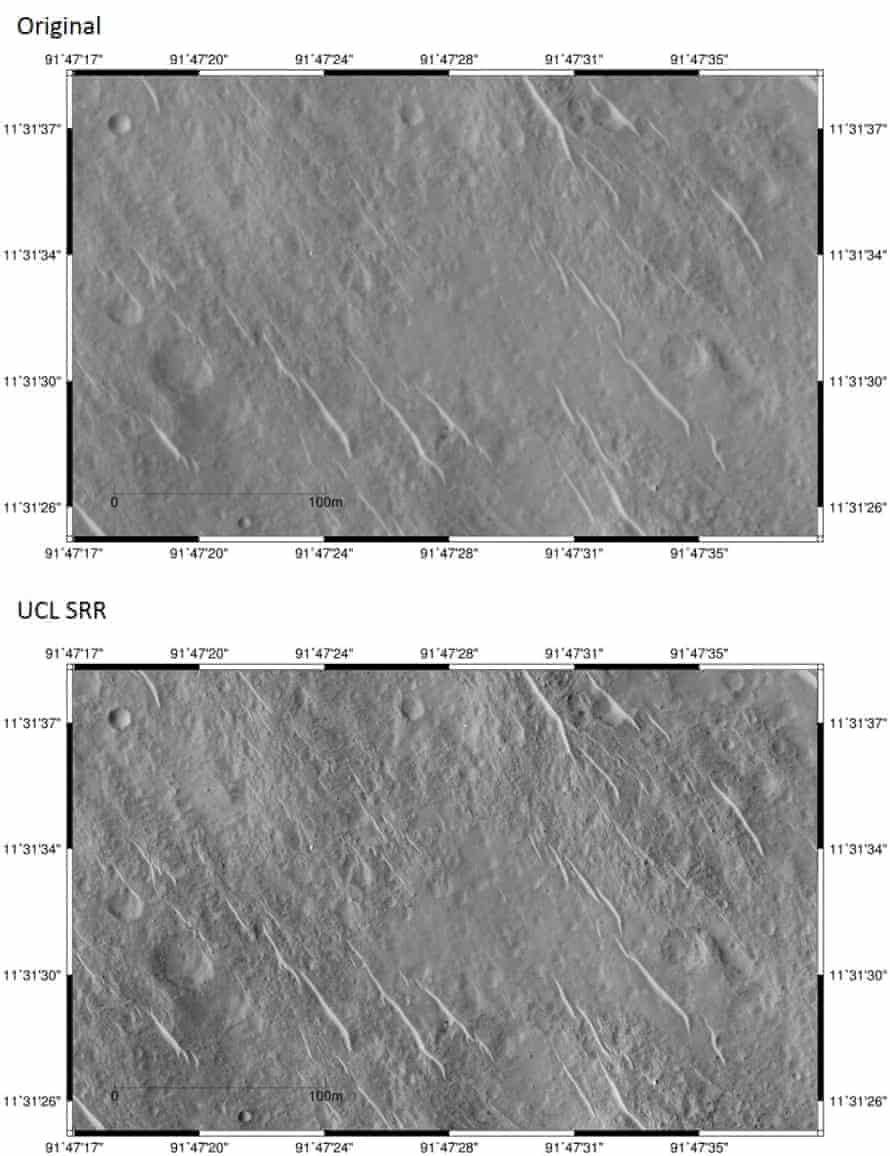 The top image is one of the original HiRISE images. Below is the newly-created SRR image. The bright dot at approximately 91º47’28.5”, 11º 31’ 37” is thought to be the Beagle 2 lander.