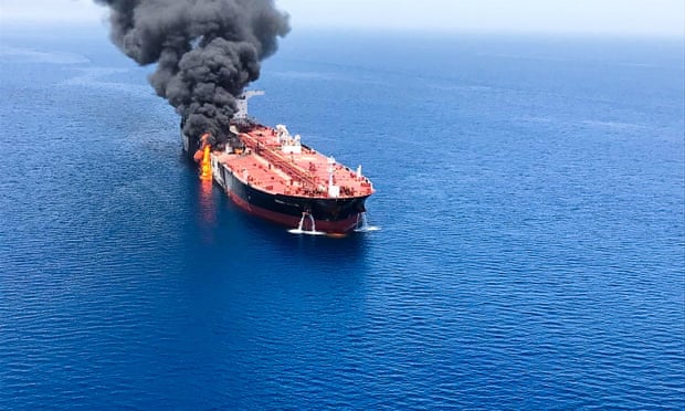 The crude oil tanker Front Altair on fire in the Gulf of Oman