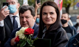 Svetlana Tikhanovskaya at a protest in Vilnius, Lithuania, last week.