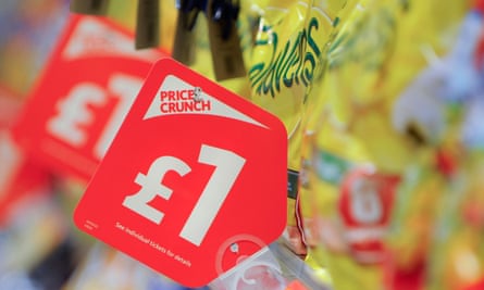 Supermarket shelves with price crunch price tags