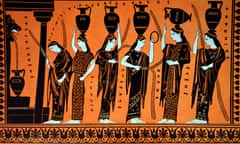 Greek attic pottery depicting Greek women wearing festive clothing collecting water for a bride from the fountain Callirrhoe. Dated 400 B.C.<br>E1GG62 Greek attic pottery depicting Greek women wearing festive clothing collecting water for a bride from the fountain Callirrhoe. Dated 400 B.C.