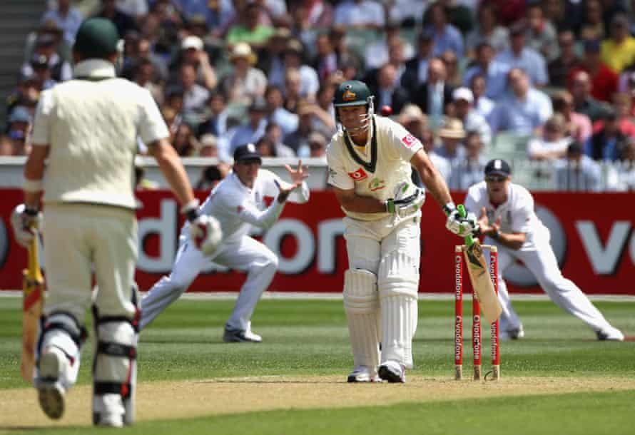 Ricky Ponting of Australia edges a delivery into the slips and is caught by Graeme Swann of England.