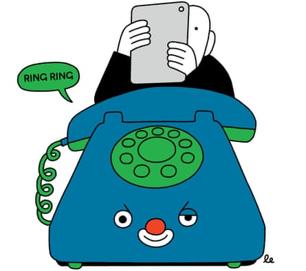 An illustration of an old fashioned blue cartoon telephone with a green dial and a slightly evil face beneath the dial an a figure behind holding his mobile phone in front of his face in horror
