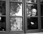 A nearly bald man with a beard smiles slightly, arms folded, as he looks out a wooden-framed window