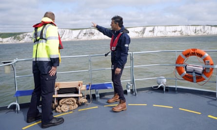 Rishi Sunak on a boat off the coast of Dover, Kent, 5 June 2023.