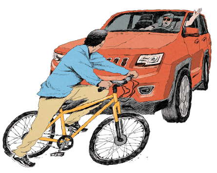 A person riding a yellow bicycle swerves confrontationally in front of an ICE agent in a red SUV.