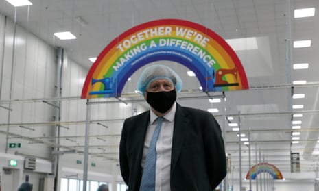 Boris Johnson at a PPE manufacturing facility in Seaton Delaval, February 2021.