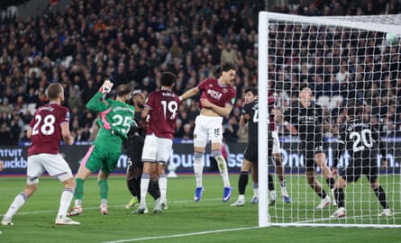 Konstantinos Mavropanos heads West Ham’s equaliser.