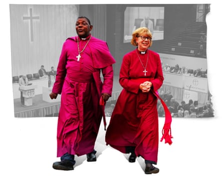 From left; The Church of England’s General Synod in York heard that commissioners had faced ‘vile abuse and correspondence’ over Project Spire. The archbishop of Canterbury, Sarah Mullally, walking with the bishop of Asante Mampong, Cyril Kobina Ben-Smith, in Mampong.