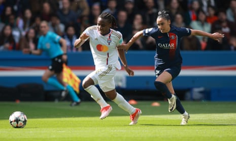 Melchie Dumornay (left) scored the second-half goal that sealed’s Lyon’s passage to the Women’s Champions League. 