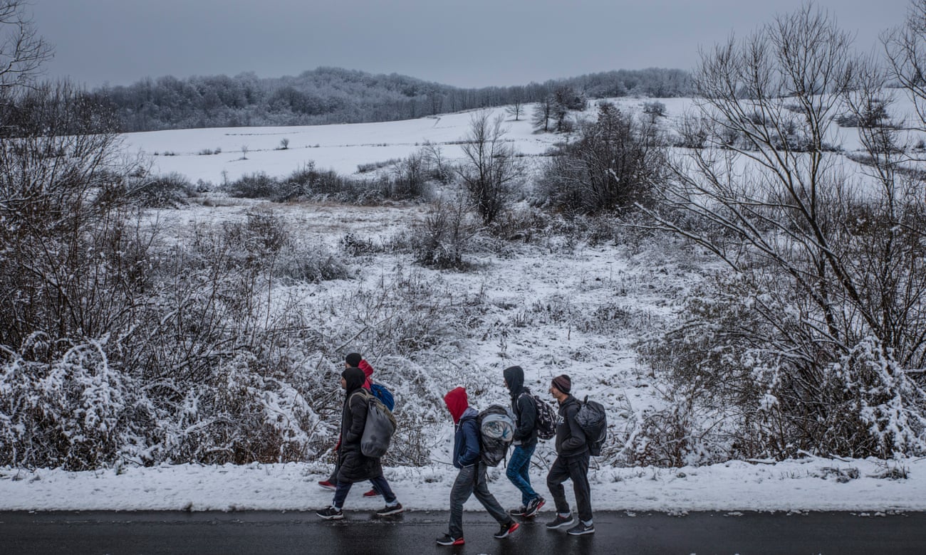 A group of Pakistani people en route to the border town of Bihać, from where they will try to cross the border to Croatia