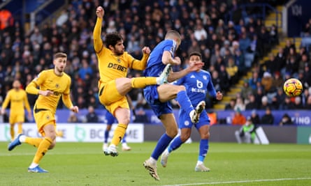Gonçalo Guedes scores Wolves’ first goal in the 3-0 win at Leicester.