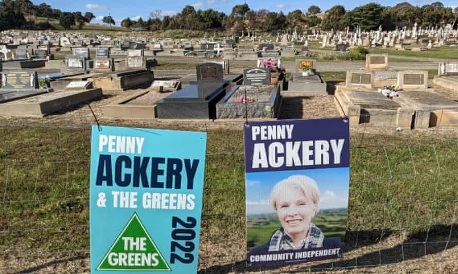 Fake election posters in Hume, at the cemetery where Ackery’s husband is buried.