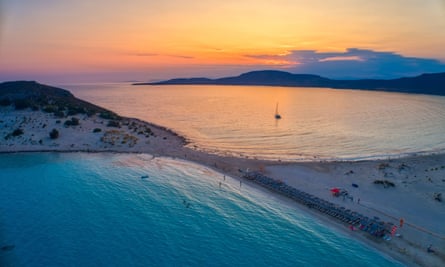 Aerial view of Simos beach at sunset in Elafonisos island in Greece