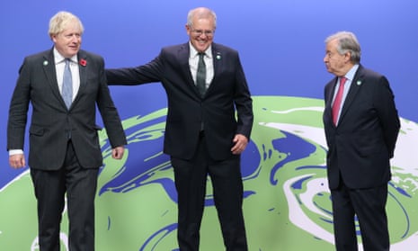 Boris Johnson, Scott Morrison and UN secretary general António Guterres at the Cop26 UN climate summit in Glasgow on Monday