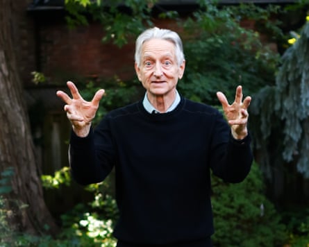 Geoffrey Hinton, a man wearing a sweater over a button-down shirt, poses with hands out in back yard