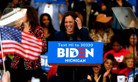 Kamala Harris endorses Joe Biden during a campaign rally in Detroit, Michigan, on 9 March.