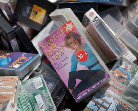 Rosemary Conley’s Hip & Thigh Workout among the VHS tapes of a bargain bin.