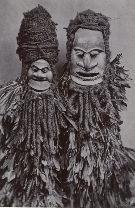 Two masks representing spirit figures, made of wood, human hair and feather. Conerned with the world of the dead as well as the fertility of the Land and the.