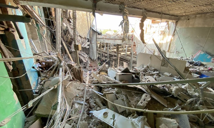 Debris of a residential block at a tram depot hit by a Russian missile strike in Kharkiv