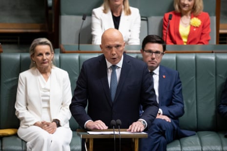 Peter Dutton delivers the budget reply in the House of Representatives in Parliament House in Canberra .