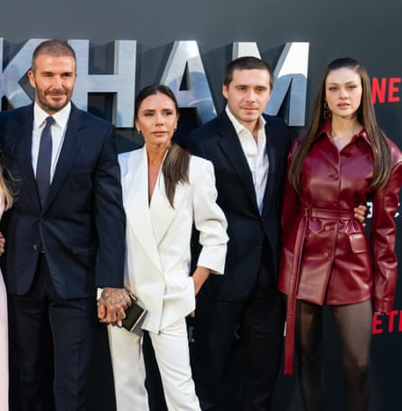 David, Victoria and Brooklyn Beckham with Nicola Peltz at the Netflix Beckham UK premiere in London, 3 October 2023.