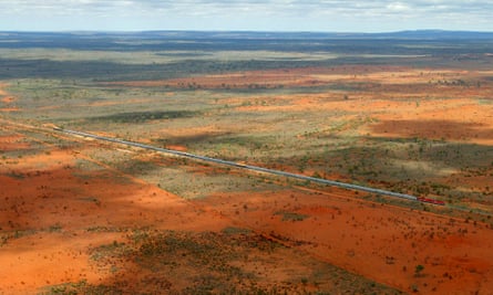 Aerial view of the Ghan train moving through the desert