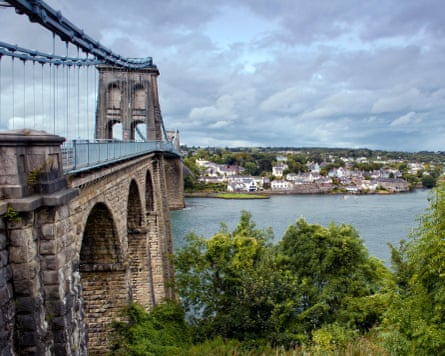 Menai bridge crossing Menai Straits to Anglesey from the mainland in Wales,