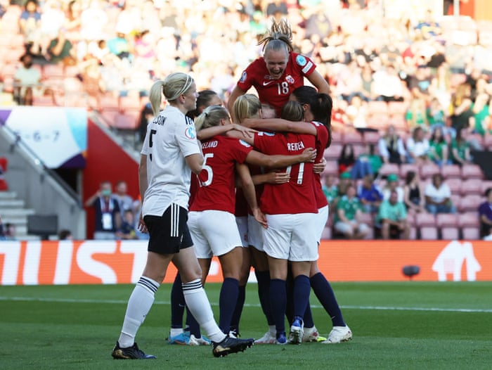 Norway's Julie Blakstad is congratulated by her teammates after scoring.