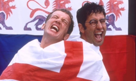 Frank Skinner and David Baddiel wrapped in an England flag and shouting