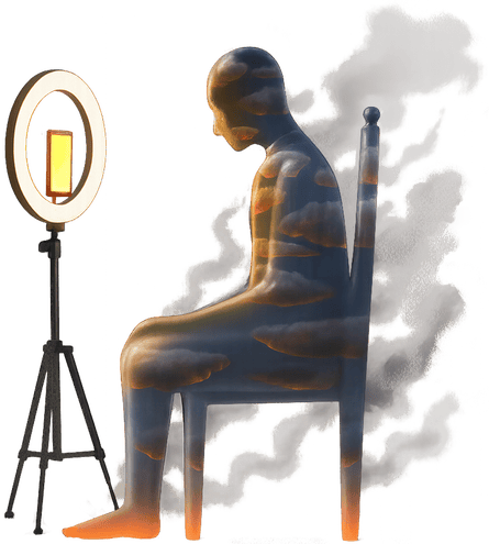 a person filled with dark sky and smoking clouds sitting in front of a ring light with a phone #596375