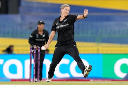 Sophie Devine bowls for New Zealand against Sri Lanka at the Women's World Cup
