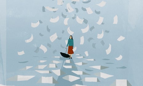 Illustration of a woman walking with an umbrella with pages of a newspaper raining down around her