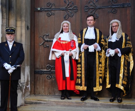 Alex Norris (centre) with Lady Chief Justice Lady Carr of Walton-on-the-Hill and Master of the Rolls Sir Geoffrey Vos, outside the Royal Courts of Justice, ahead of Norris’s swearing in as lord chancellor. The role goes with his job as justice secretary.