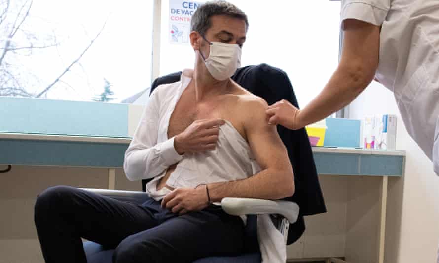 Olivier Véran receives his vaccination in Melun, France.