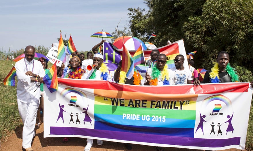 People who identify themselves as members of the LGBT community parade in Entebbe, Uganda, in 2015