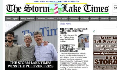 A front page screen shot of Iowa’s Storm Lake Times, which has won a Pulitzer Prize.