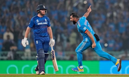 India’s Mohammed Shami celebrates the wicket of England’s Jonny Bairstow.