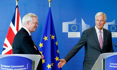 David Davis and Michel Barnier address the media prior to the third round of Brexit talks in Brussels