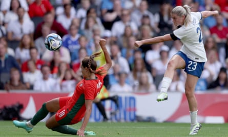 Alessia Russo of England shoots under pressure from Diana Gomes of Portugal during the women’s international friendly.