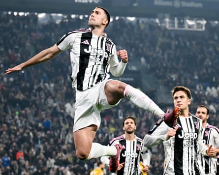 Dusan Vlahovic leaps for joy after scoring an early penalty against Udinese on Wednesday