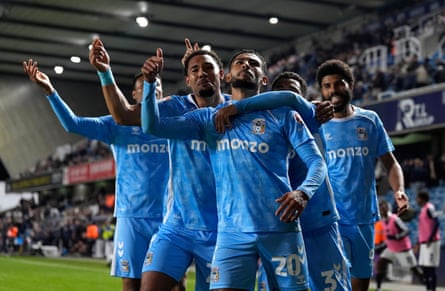 Coventry’s Kaine Kesler-Hayden gestures to the fans after scoring during the Championship match between Millwall and Coventry