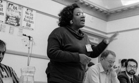 Diane Abbott addresses an ARA (Anti-Racist Action) conference in 1992.