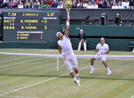 Rafael Nadal stretches for a return in the 2008 Wimbledon men's singles final against Roger Federer.  The match lasted 4 hours and 48 minutes and Nadal won 6–4, 6–4, 6–7(5–7), 6–7(8–10), 9–7.