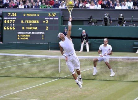 Rafael Nadal stretches for a return in the 2008 Wimbledon men’s singles final against Roger Federer. The match lasted 4 hours and 48 minutes and Nadal won 6–4, 6–4, 6–7(5–7), 6–7(8–10), 9–7.