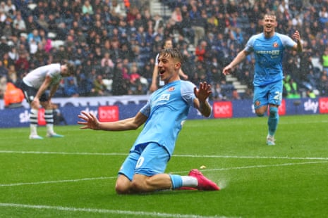 Jack Clarke celebrates scoring Sunderland’s third goal in their 3-0 demolition of Preston at Deepdale.