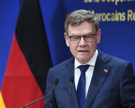 German foreign minister Johann Wadephul attends a press conference in Rabat, Morocco.