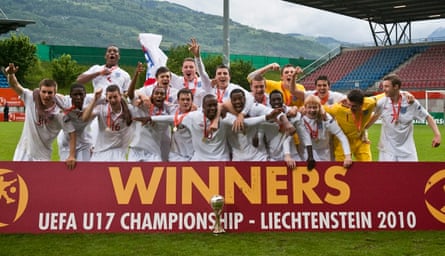 Ross Barkley (front row, third left) celebrates England’s victory in 2010’s European Under-17 Championship final with his team mates, including Conor Coady (back row, right) and Jack Butland (back row, second right).