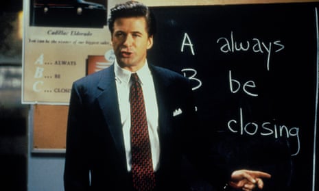 Alec Baldwin in Glengarry Glen Ross in front of the iconic "Always. Be. Closing." sign.