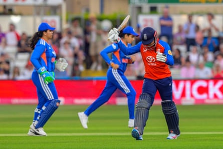 England’s Sophia Dunkley reacts after losing her wicket in the T20 defeat to India.